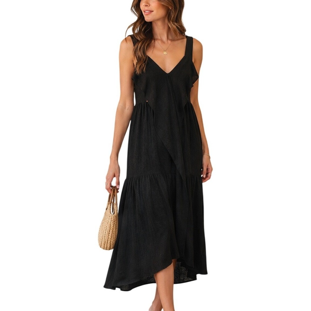 Black Tiered Ruffle Midi Dress Size M Sleeveless Flowy Cottagecore